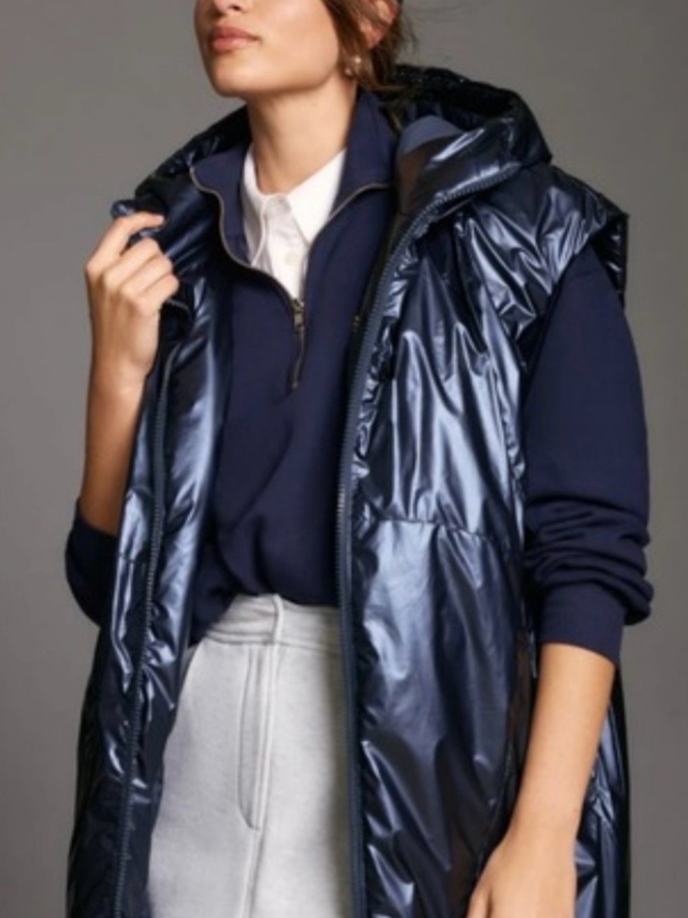 Pilcro Longline Shine Puffer Vest in Navy